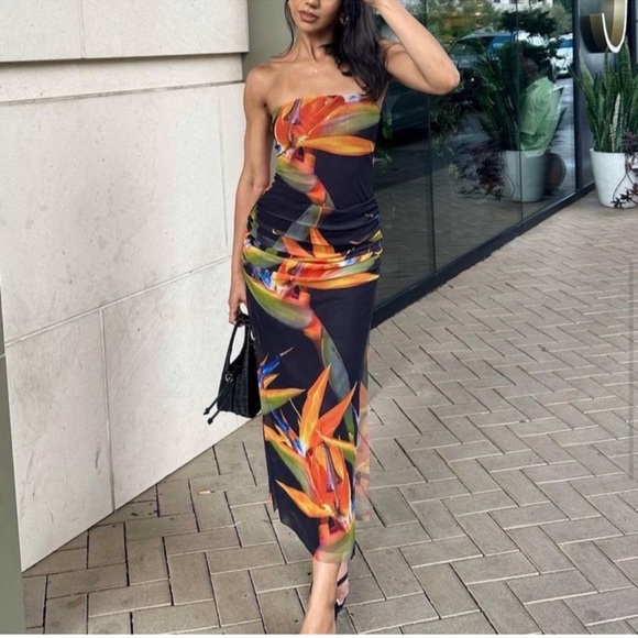 Zara Dresses & Skirts - Zara 2pc Co Ord Set Ruched Tulle Bodysuit & High Waist Midi Skirt Elastic NWT